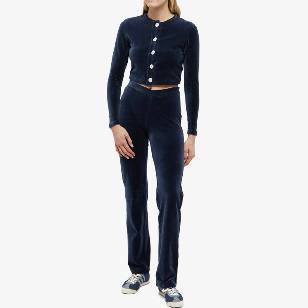 Peachy Den Celeste Velour Navy Twin Set XS $230 Cardigan + Trouser Pants